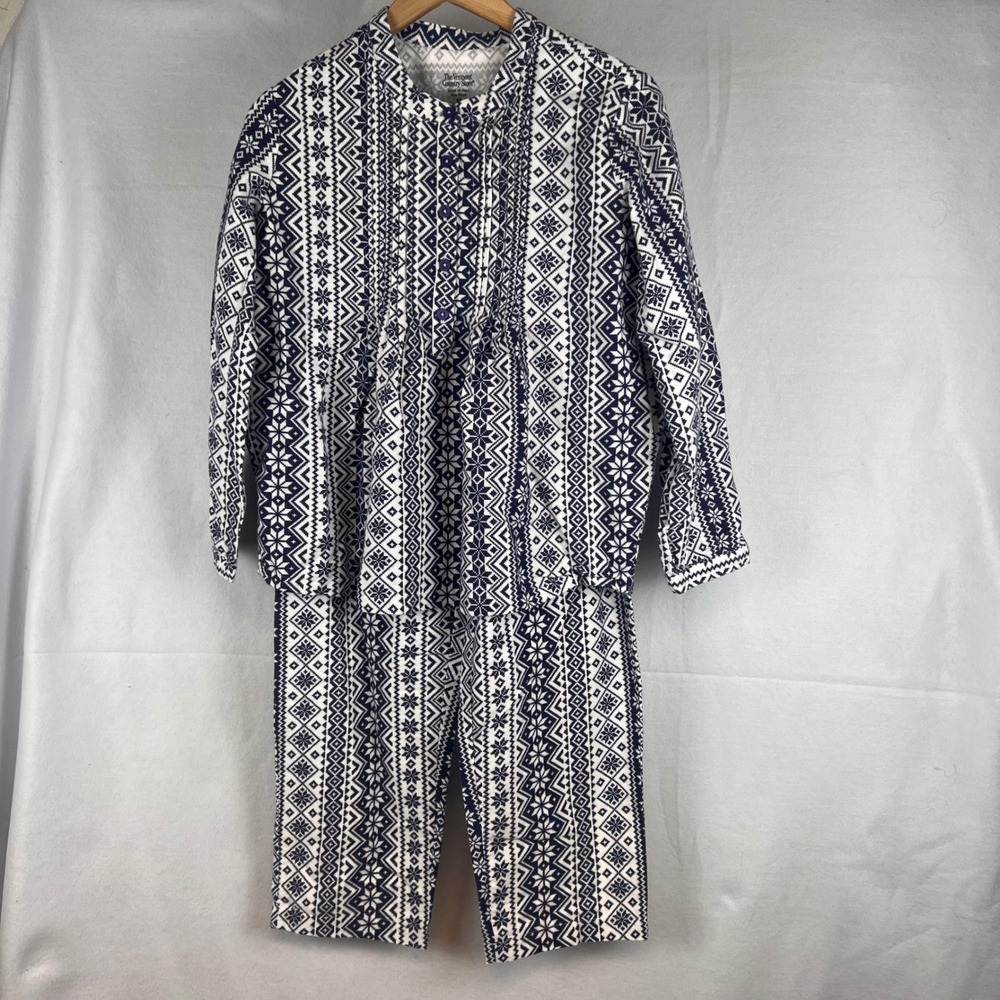 Vermont Country Store Womens Pajama Set Medium Navy Fair Isle Snowflake Flannel